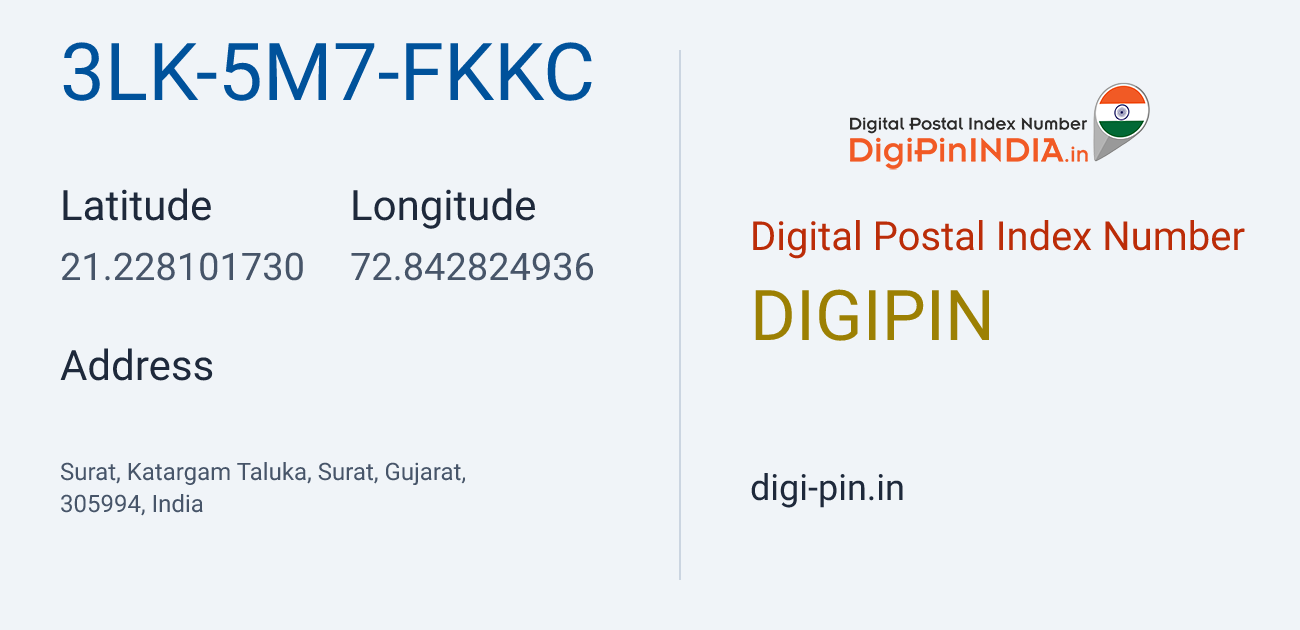 DigiPin 3LK-5M7-FKKC location map showing coordinates 21.228102, 72.842825