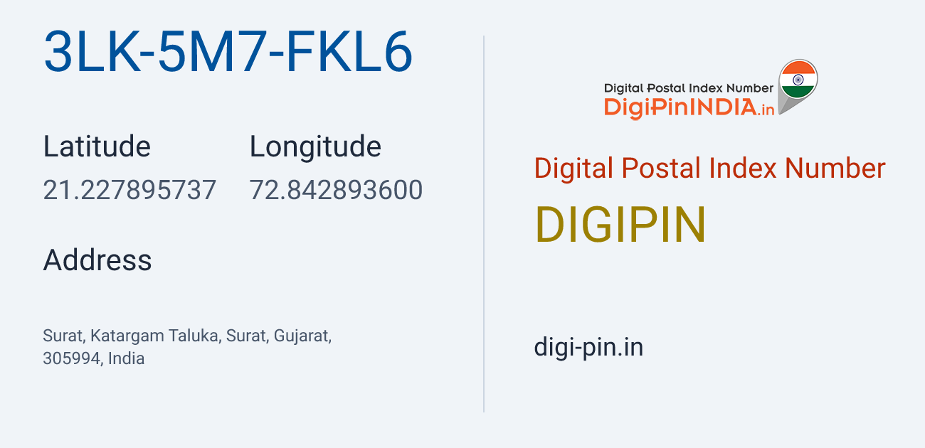 DigiPin 3LK-5M7-FKL6 location map showing coordinates 21.227896, 72.842894
