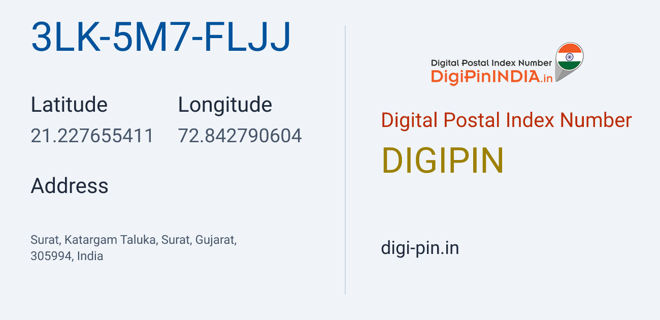 DigiPin 3LK-5M7-FLJJ location map showing coordinates 21.227655, 72.842791