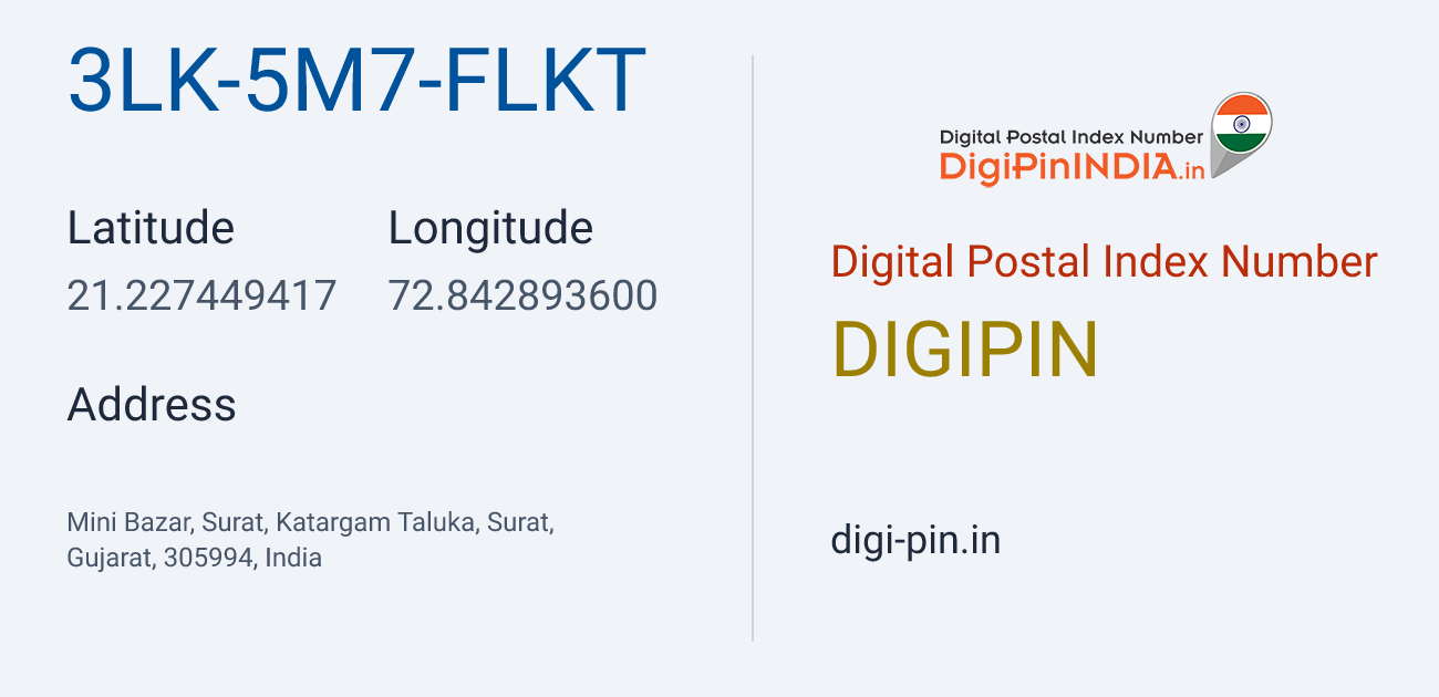 DigiPin 3LK-5M7-FLKT location map showing coordinates 21.227449, 72.842894