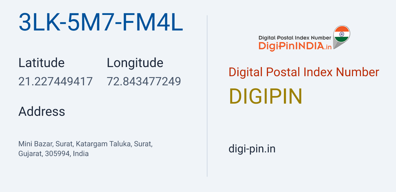 DigiPin 3LK-5M7-FM4L location map showing coordinates 21.227449, 72.843477