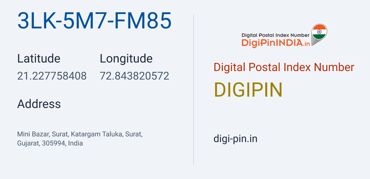 DigiPin 3LK-5M7-FM85 location map showing coordinates 21.227758, 72.843821