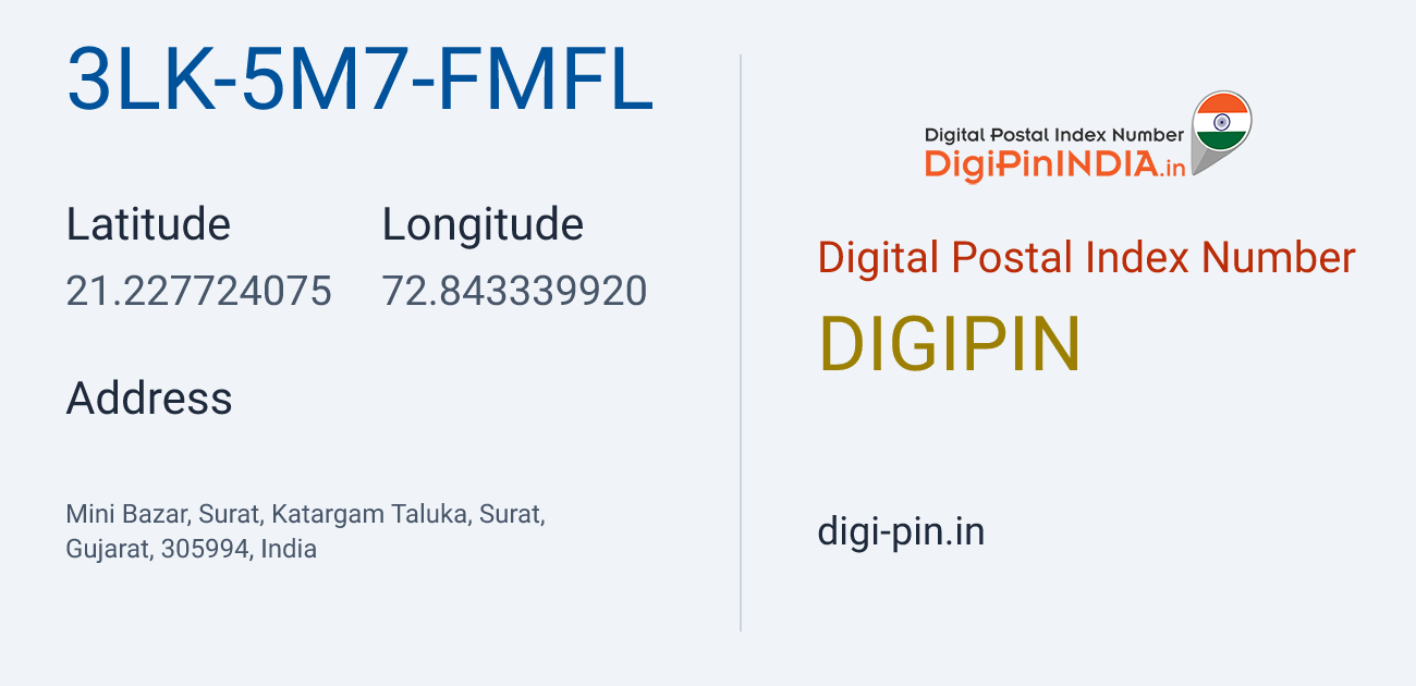 DigiPin 3LK-5M7-FMFL location map showing coordinates 21.227724, 72.843340