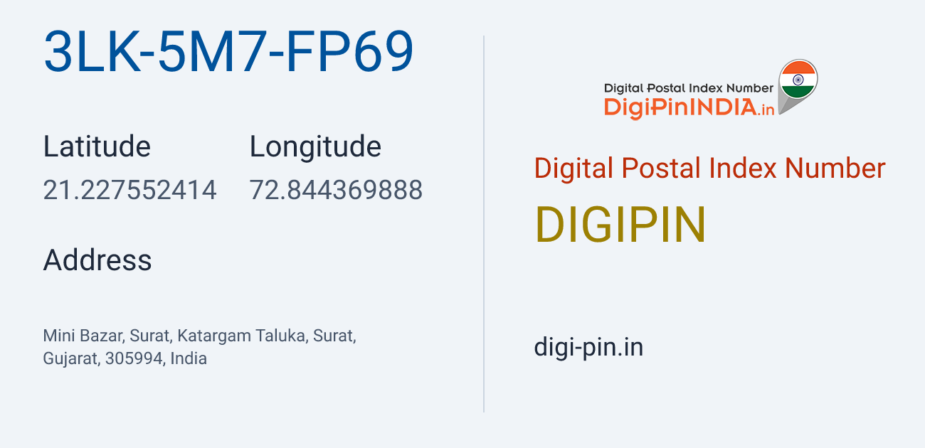 DigiPin 3LK-5M7-FP69 location map showing coordinates 21.227552, 72.844370