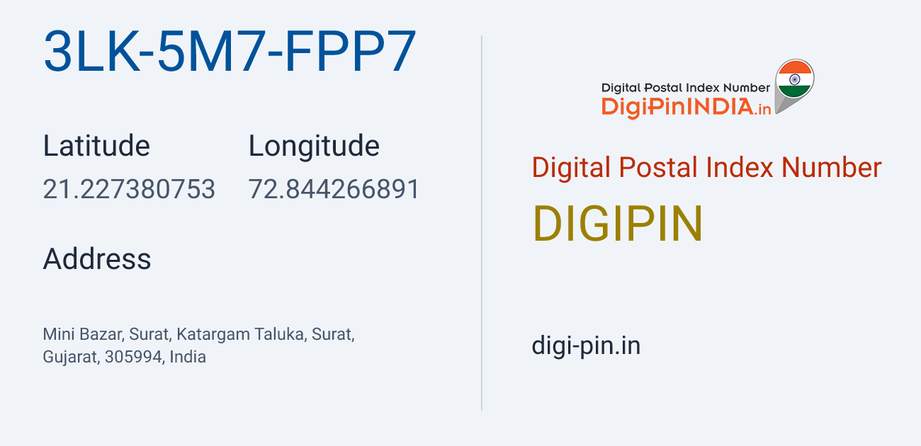 DigiPin 3LK-5M7-FPP7 location map showing coordinates 21.227381, 72.844267