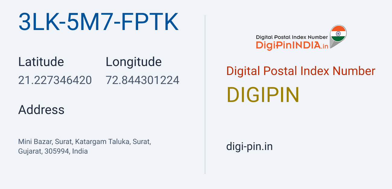DigiPin 3LK-5M7-FPTK location map showing coordinates 21.227346, 72.844301