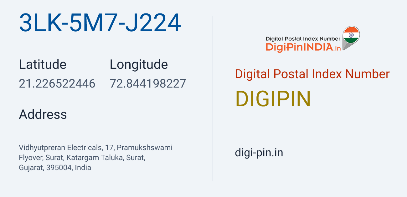 DigiPin 3LK-5M7-J224 location map showing coordinates 21.226522, 72.844198