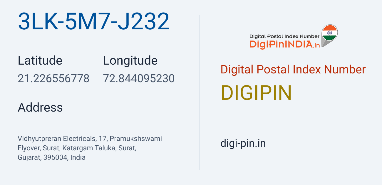 DigiPin 3LK-5M7-J232 location map showing coordinates 21.226557, 72.844095