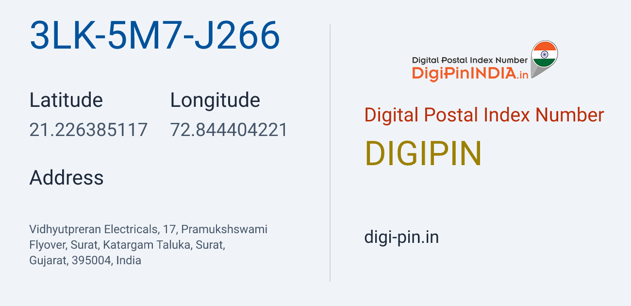 DigiPin 3LK-5M7-J266 location map showing coordinates 21.226385, 72.844404