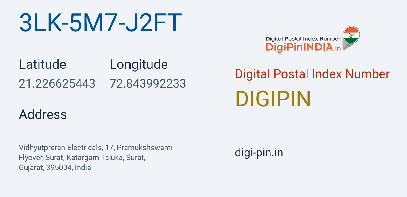 DigiPin 3LK-5M7-J2FT location map showing coordinates 21.226625, 72.843992