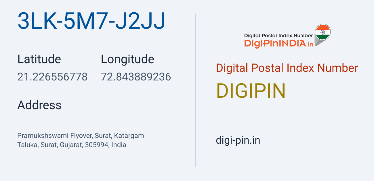 DigiPin 3LK-5M7-J2JJ location map showing coordinates 21.226557, 72.843889