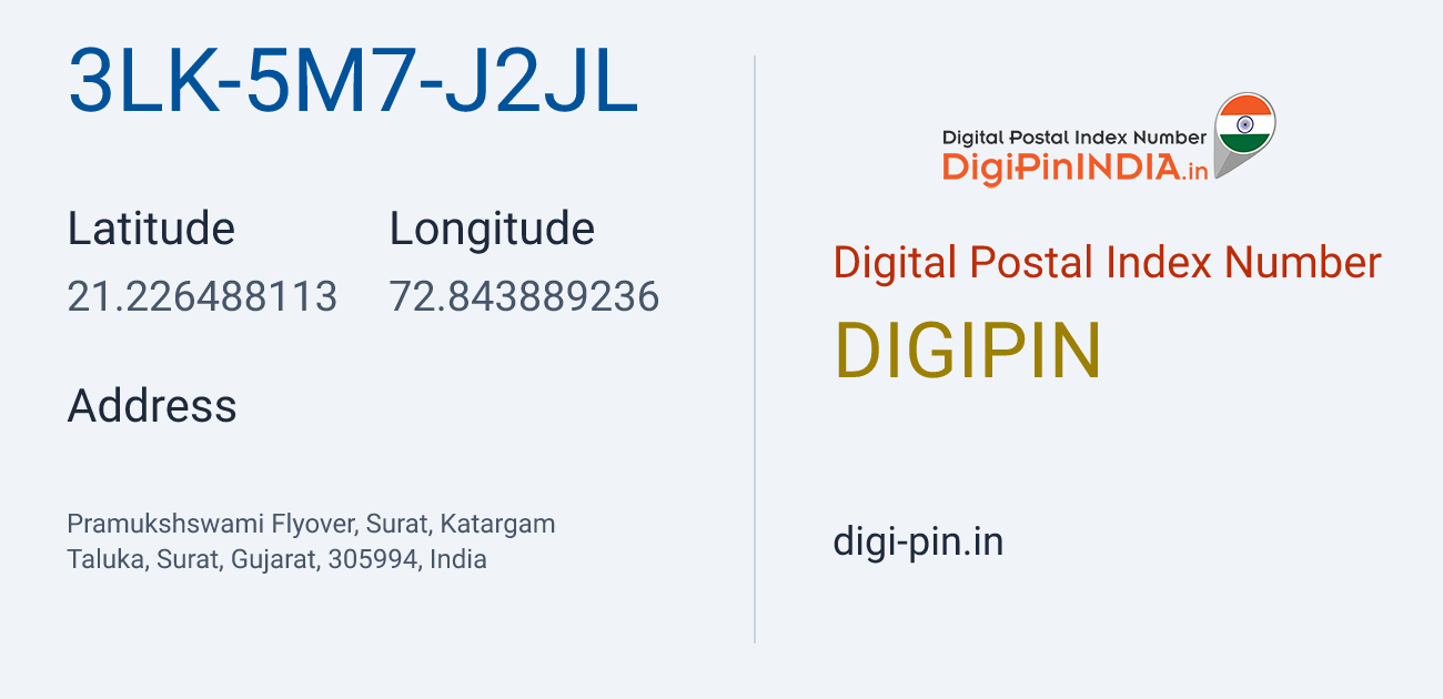 DigiPin 3LK-5M7-J2JL location map showing coordinates 21.226488, 72.843889