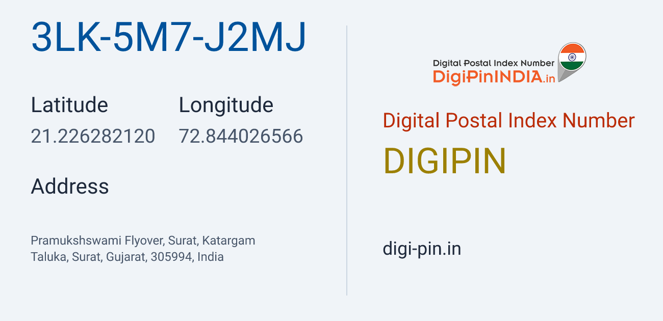 DigiPin 3LK-5M7-J2MJ location map showing coordinates 21.226282, 72.844027