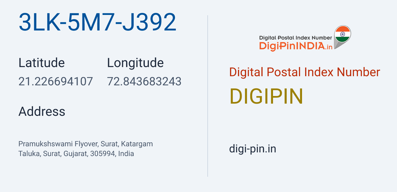 DigiPin 3LK-5M7-J392 location map showing coordinates 21.226694, 72.843683