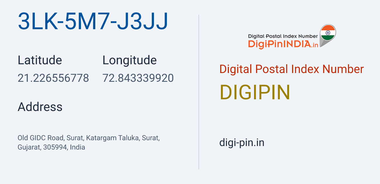 DigiPin 3LK-5M7-J3JJ location map showing coordinates 21.226557, 72.843340
