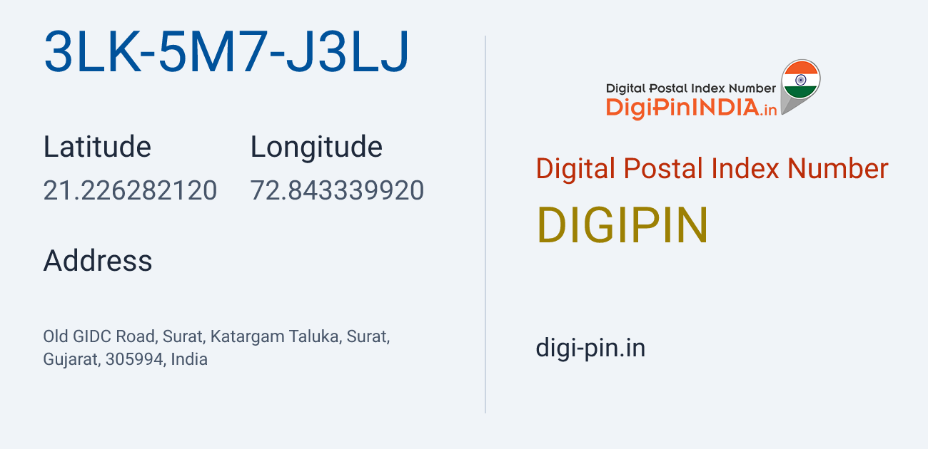 DigiPin 3LK-5M7-J3LJ location map showing coordinates 21.226282, 72.843340