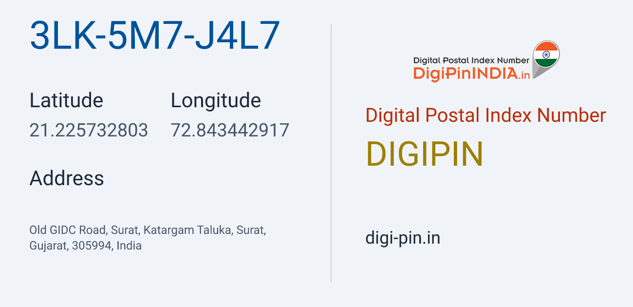 DigiPin 3LK-5M7-J4L7 location map showing coordinates 21.225733, 72.843443