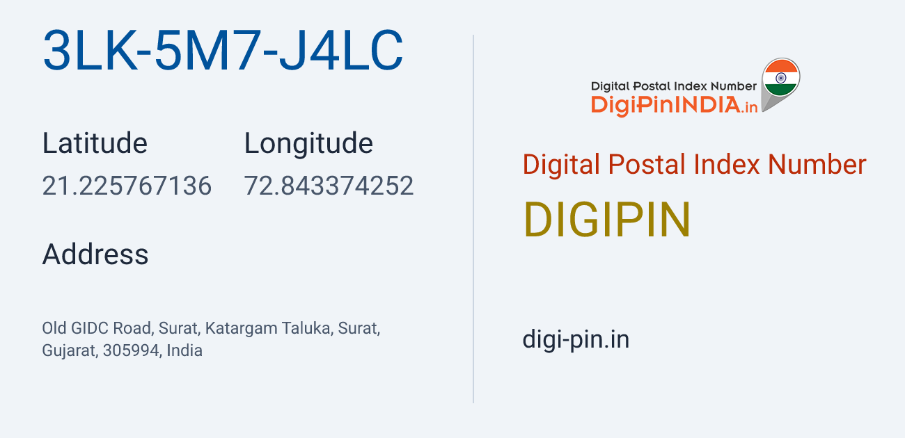 DigiPin 3LK-5M7-J4LC location map showing coordinates 21.225767, 72.843374
