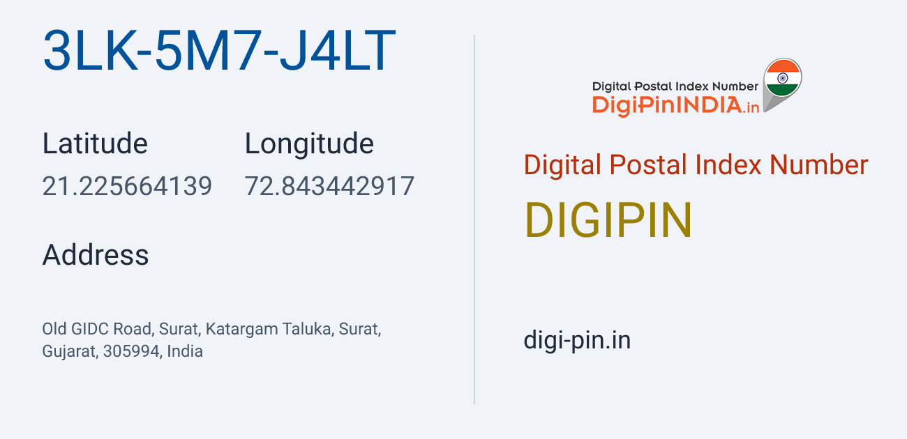 DigiPin 3LK-5M7-J4LT location map showing coordinates 21.225664, 72.843443