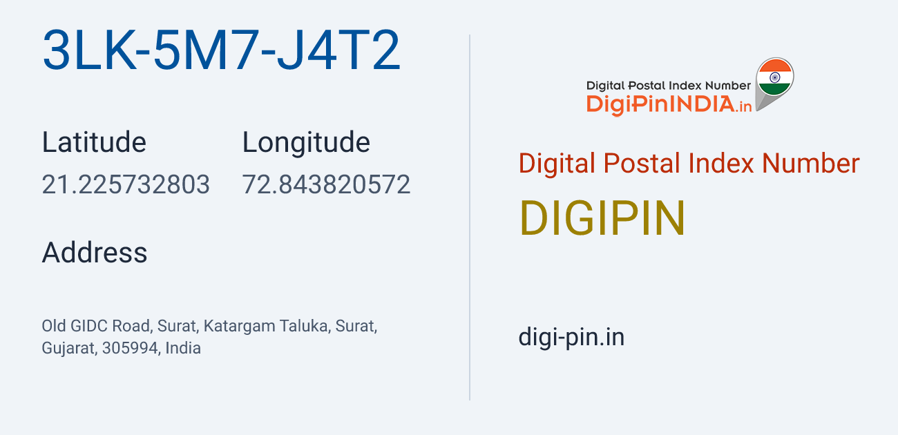 DigiPin 3LK-5M7-J4T2 location map showing coordinates 21.225733, 72.843821