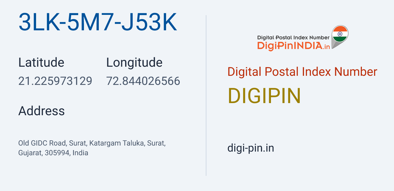 DigiPin 3LK-5M7-J53K location map showing coordinates 21.225973, 72.844027