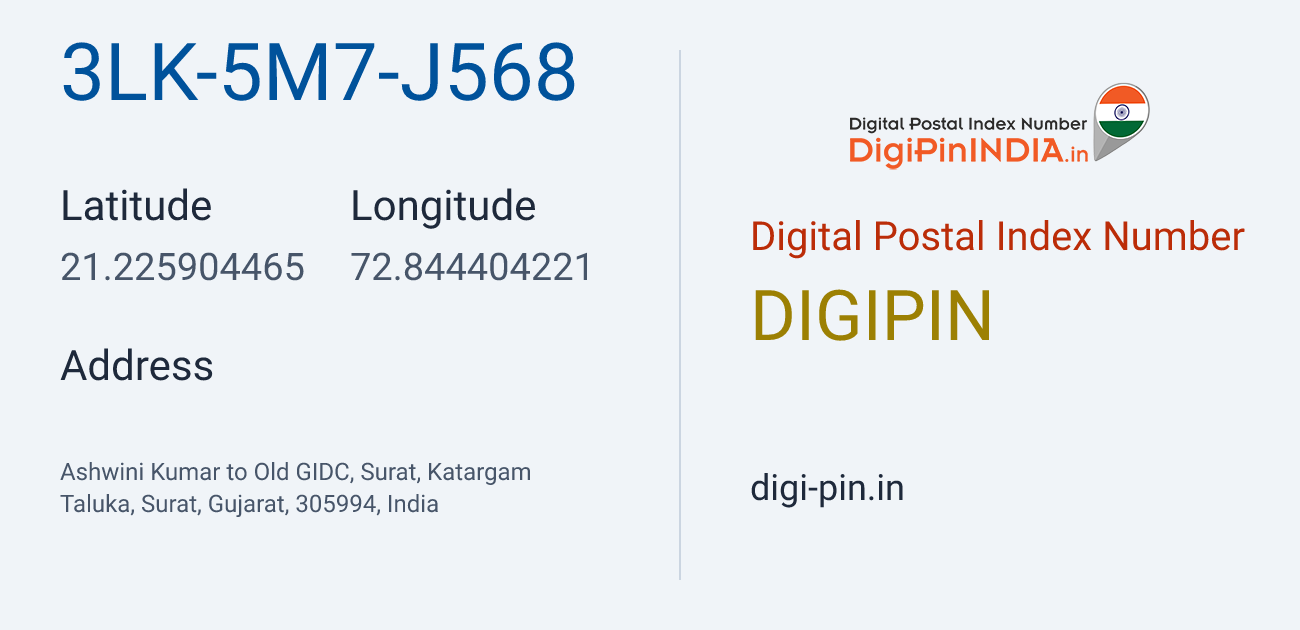 DigiPin 3LK-5M7-J568 location map showing coordinates 21.225904, 72.844404