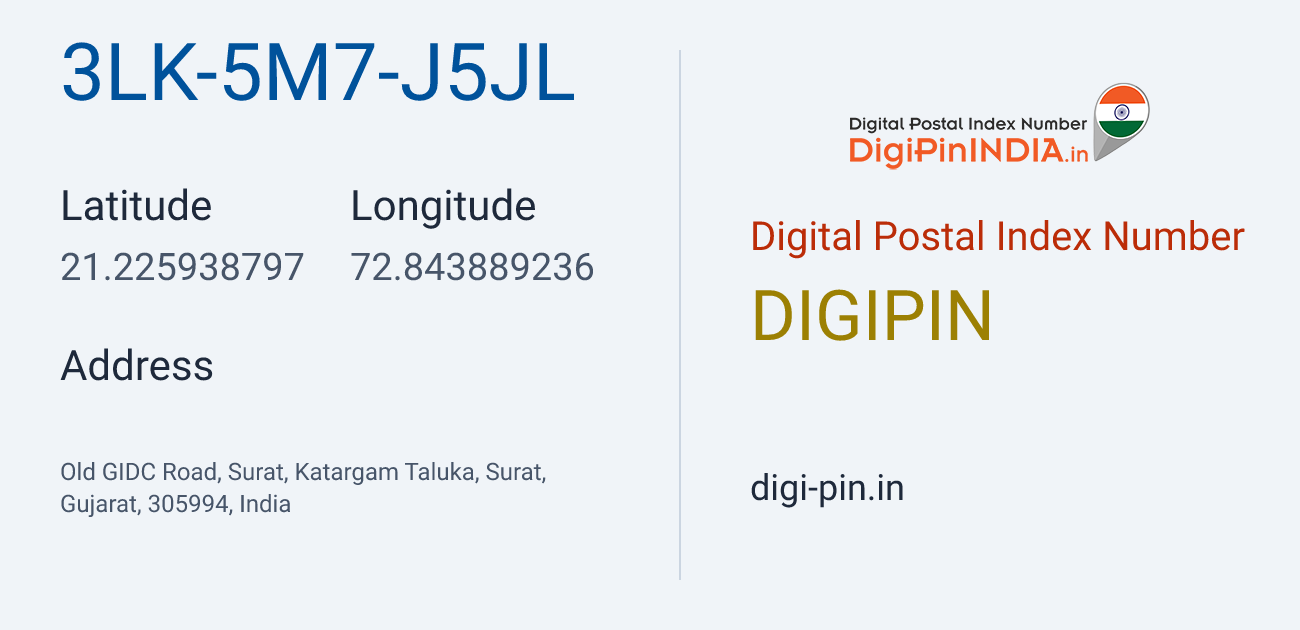 DigiPin 3LK-5M7-J5JL location map showing coordinates 21.225939, 72.843889