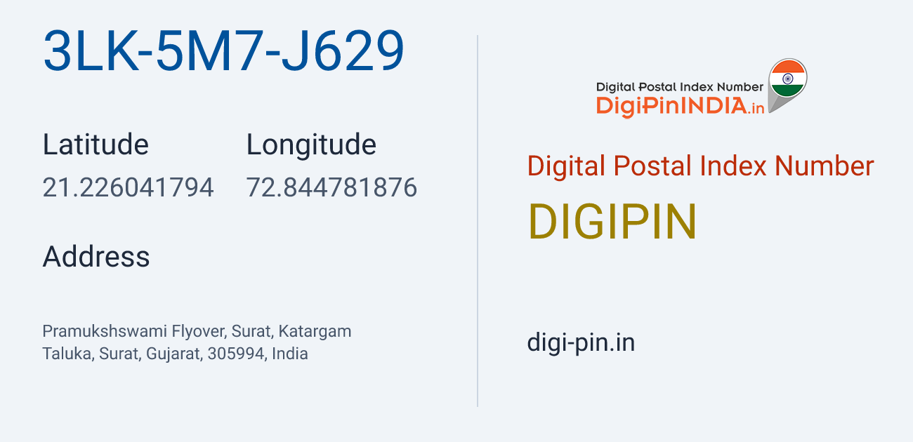DigiPin 3LK-5M7-J629 location map showing coordinates 21.226042, 72.844782