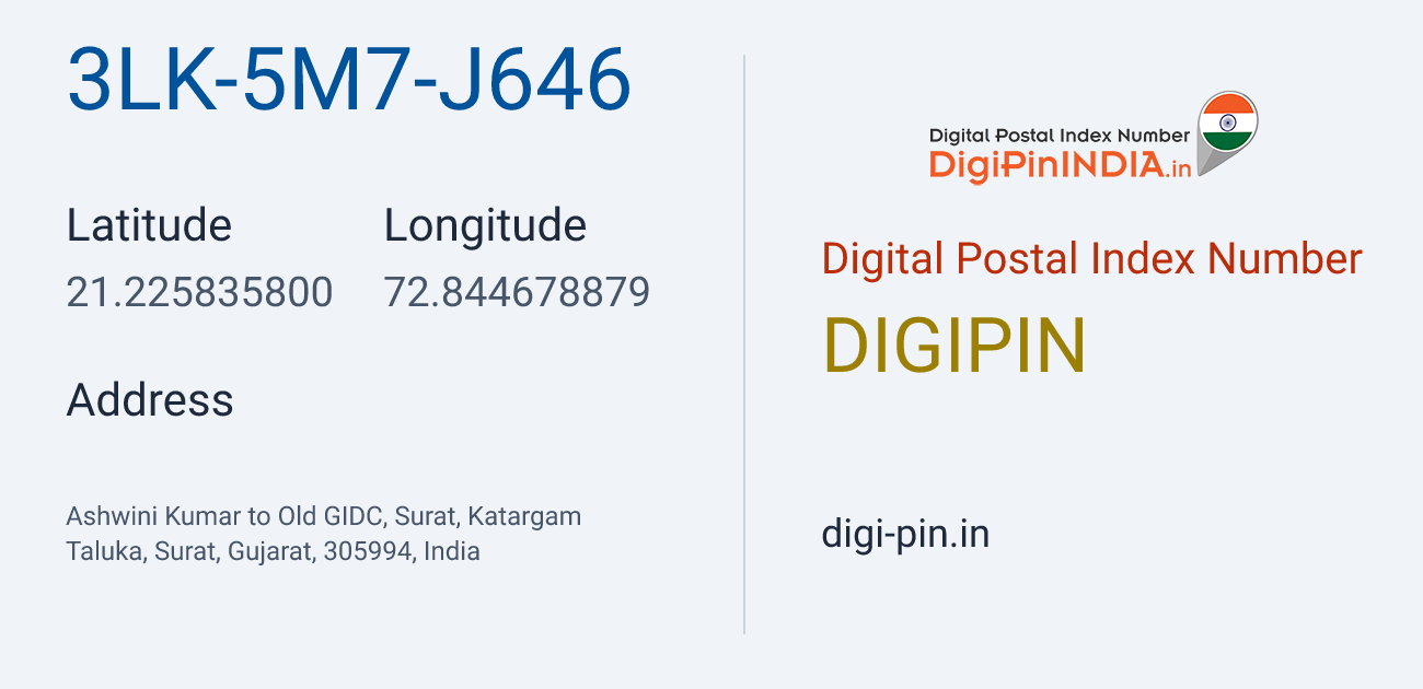 DigiPin 3LK-5M7-J646 location map showing coordinates 21.225836, 72.844679