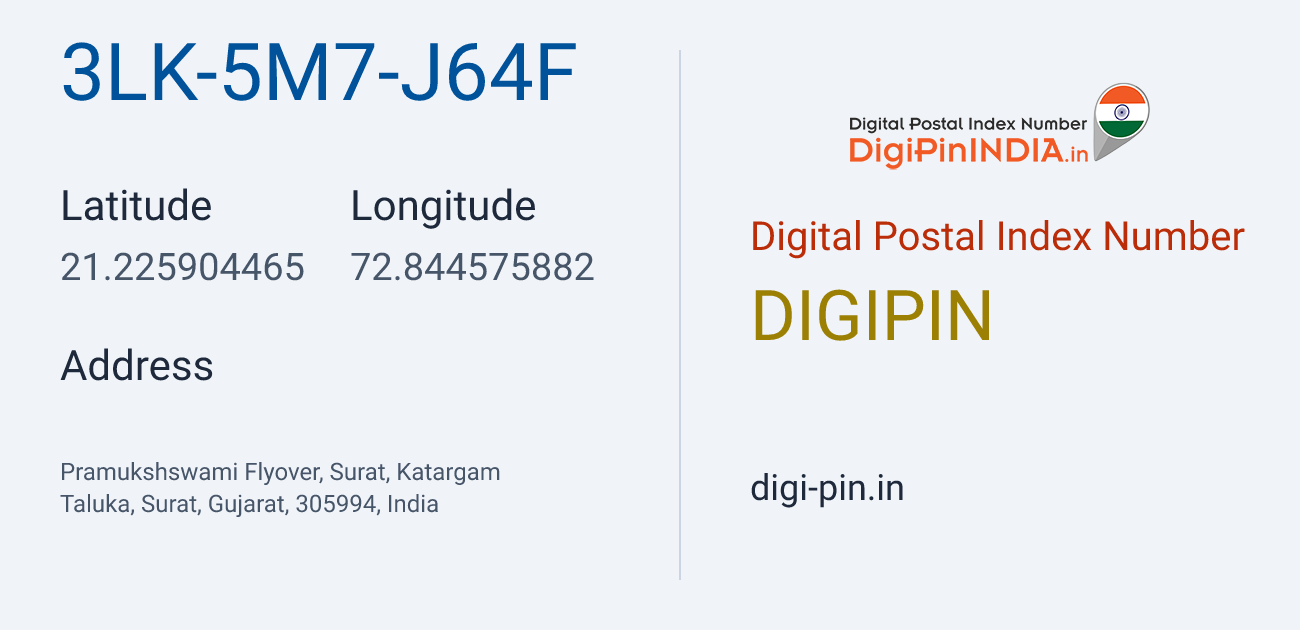 DigiPin 3LK-5M7-J64F location map showing coordinates 21.225904, 72.844576
