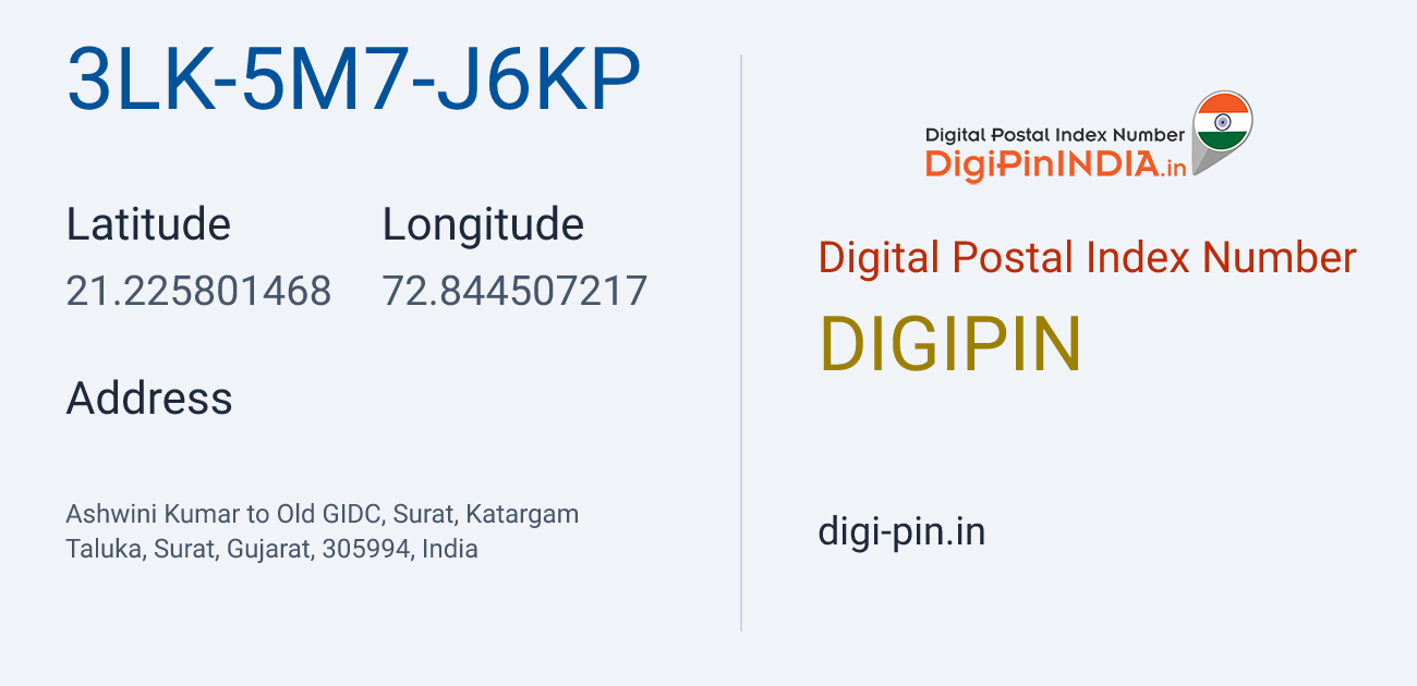 DigiPin 3LK-5M7-J6KP location map showing coordinates 21.225801, 72.844507