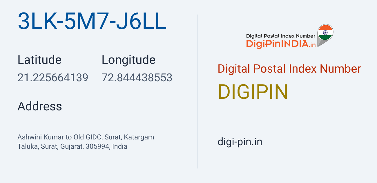 DigiPin 3LK-5M7-J6LL location map showing coordinates 21.225664, 72.844439