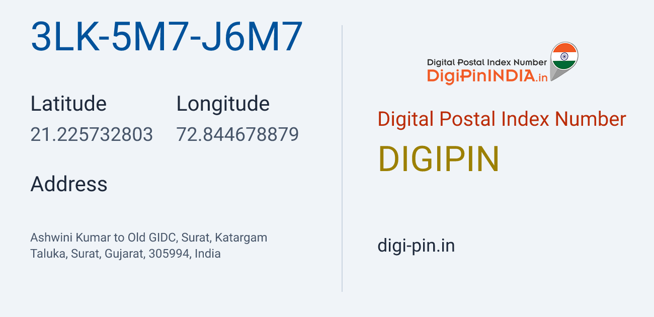 DigiPin 3LK-5M7-J6M7 location map showing coordinates 21.225733, 72.844679