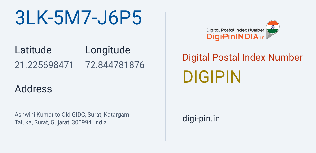 DigiPin 3LK-5M7-J6P5 location map showing coordinates 21.225698, 72.844782