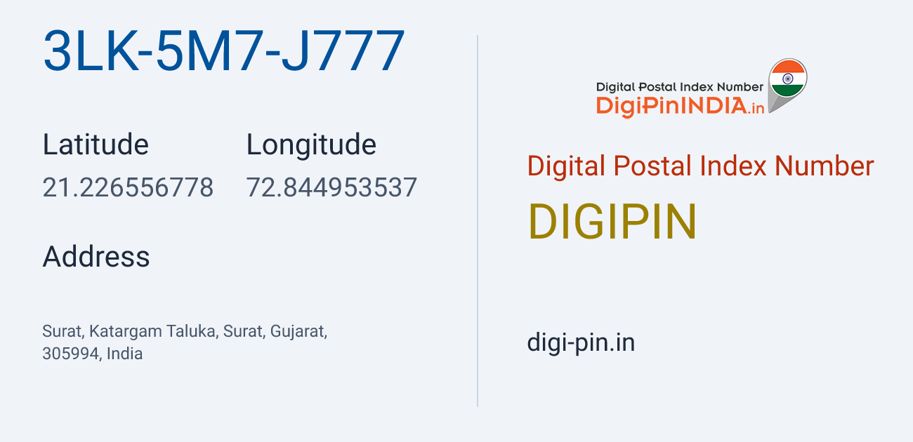 DigiPin 3LK-5M7-J777 location map showing coordinates 21.226557, 72.844954
