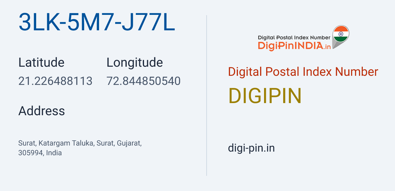 DigiPin 3LK-5M7-J77L location map showing coordinates 21.226488, 72.844851