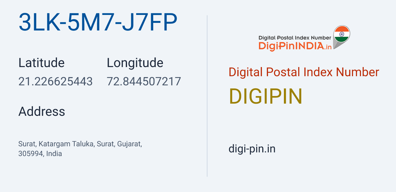 DigiPin 3LK-5M7-J7FP location map showing coordinates 21.226625, 72.844507