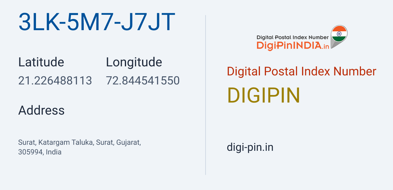 DigiPin 3LK-5M7-J7JT location map showing coordinates 21.226488, 72.844542