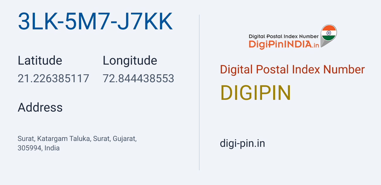 DigiPin 3LK-5M7-J7KK location map showing coordinates 21.226385, 72.844439