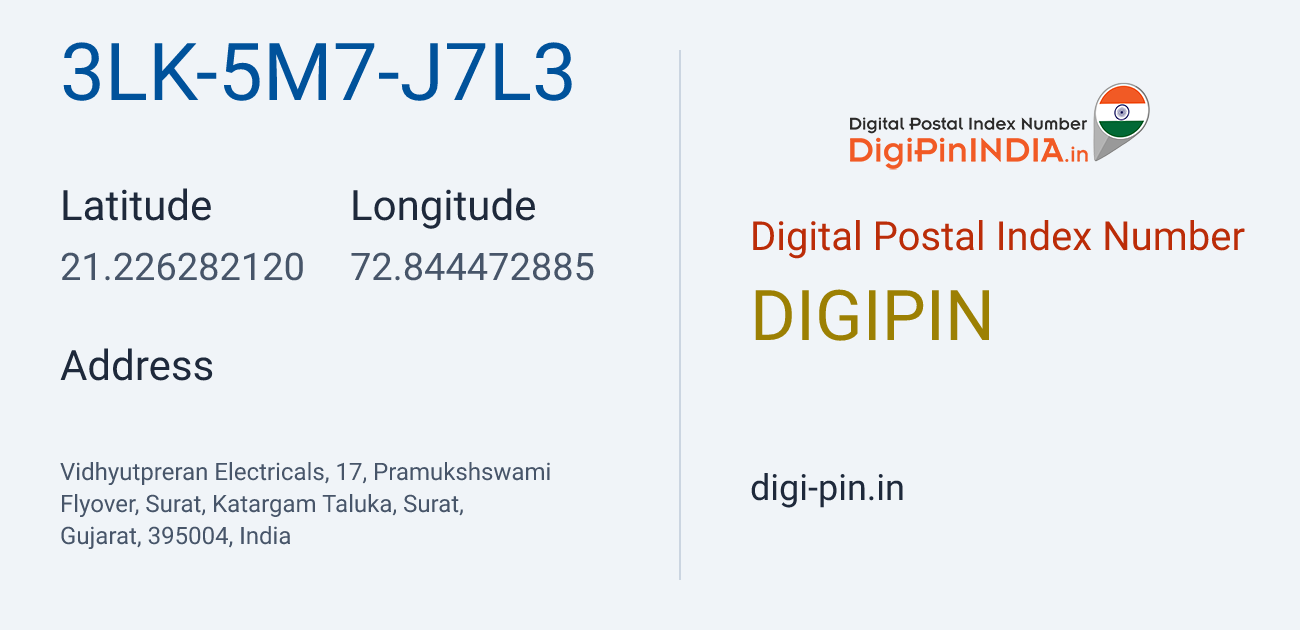 DigiPin 3LK-5M7-J7L3 location map showing coordinates 21.226282, 72.844473