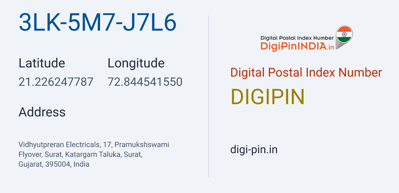 DigiPin 3LK-5M7-J7L6 location map showing coordinates 21.226248, 72.844542
