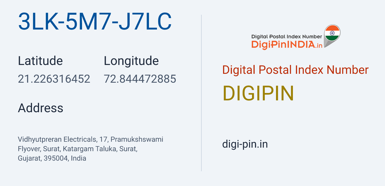 DigiPin 3LK-5M7-J7LC location map showing coordinates 21.226316, 72.844473