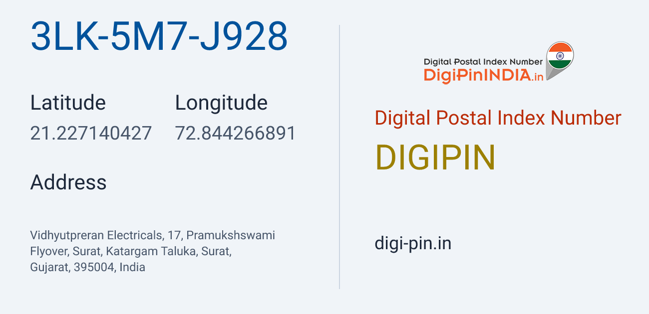 DigiPin 3LK-5M7-J928 location map showing coordinates 21.227140, 72.844267