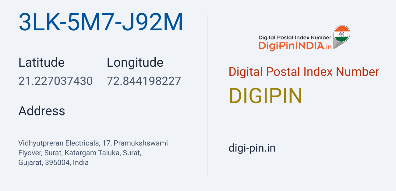 DigiPin 3LK-5M7-J92M location map showing coordinates 21.227037, 72.844198
