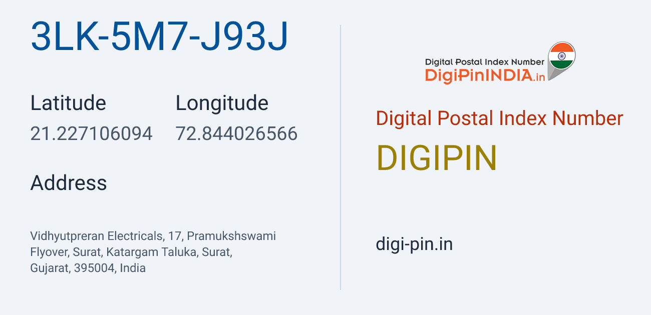 DigiPin 3LK-5M7-J93J location map showing coordinates 21.227106, 72.844027