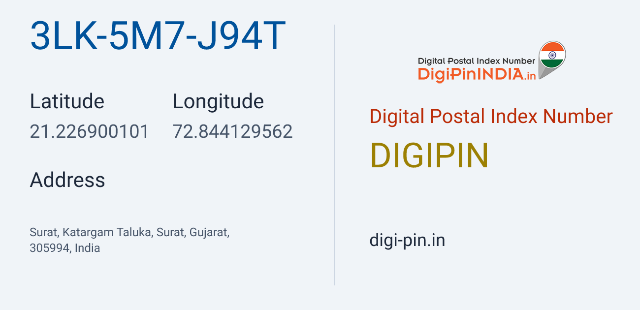 DigiPin 3LK-5M7-J94T location map showing coordinates 21.226900, 72.844130