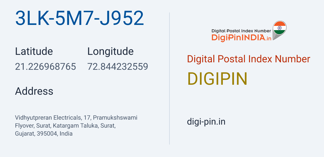 DigiPin 3LK-5M7-J952 location map showing coordinates 21.226969, 72.844233