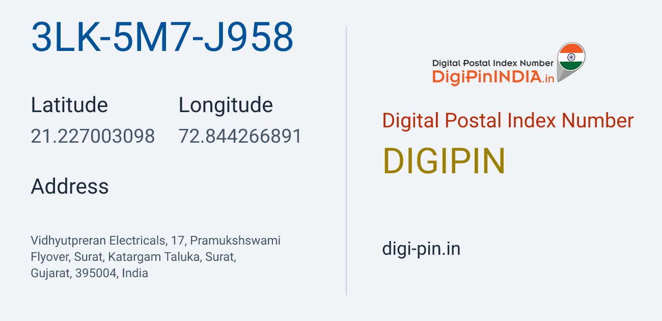 DigiPin 3LK-5M7-J958 location map showing coordinates 21.227003, 72.844267