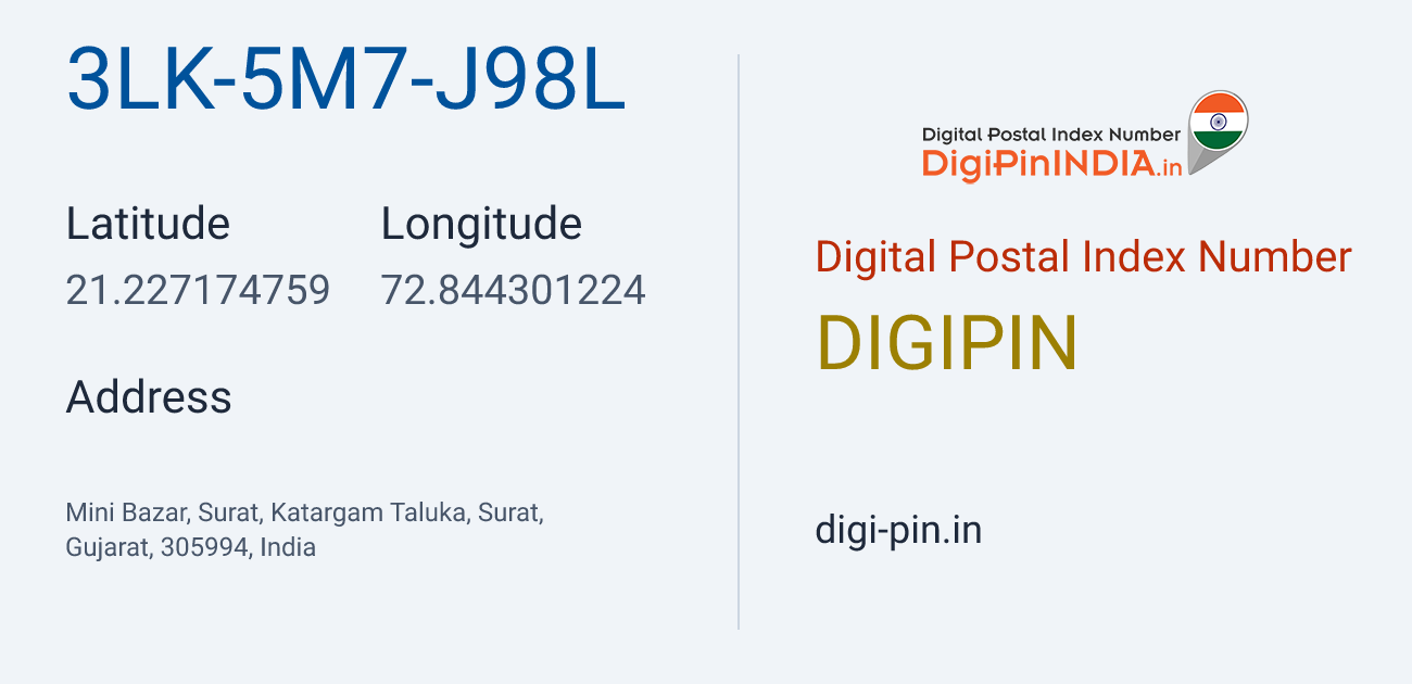 DigiPin 3LK-5M7-J98L location map showing coordinates 21.227175, 72.844301