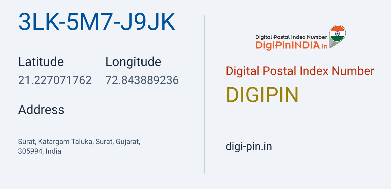 DigiPin 3LK-5M7-J9JK location map showing coordinates 21.227072, 72.843889